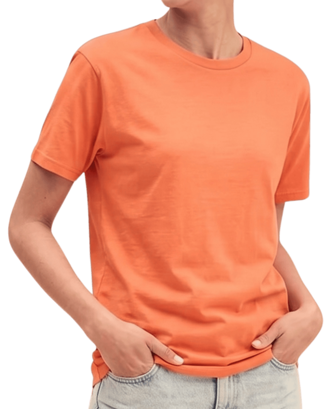 Modelo vistiendo camiseta unisex naranja personalizada de algodón Fruit of the Loom Valueweight.