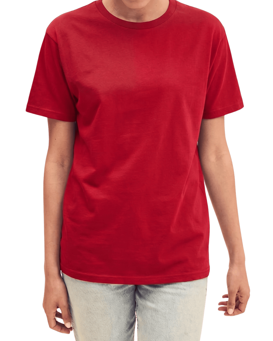 Modelo vistiendo camiseta unisex roja personalizada de algodón Fruit of the Loom Valueweight.