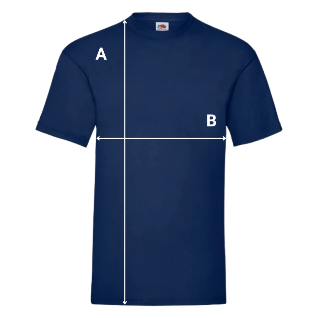 Esquema de medidas de longitud A y ancho B para camiseta de hombre Fruit of the Loom Valueweight.