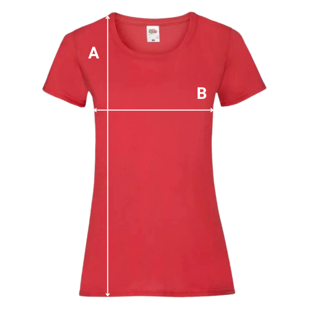 Esquema de medidas de longitud A y ancho B para camiseta de mujer Fruit of the Loom Valueweight.
